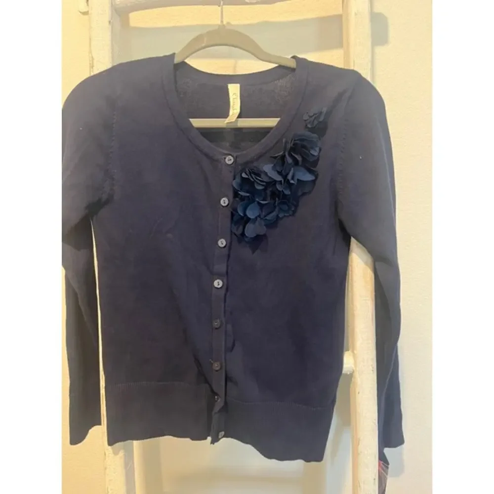 Cherokee Girls Navy Cardigan Sweater XL Button Front Floral Accent NWT